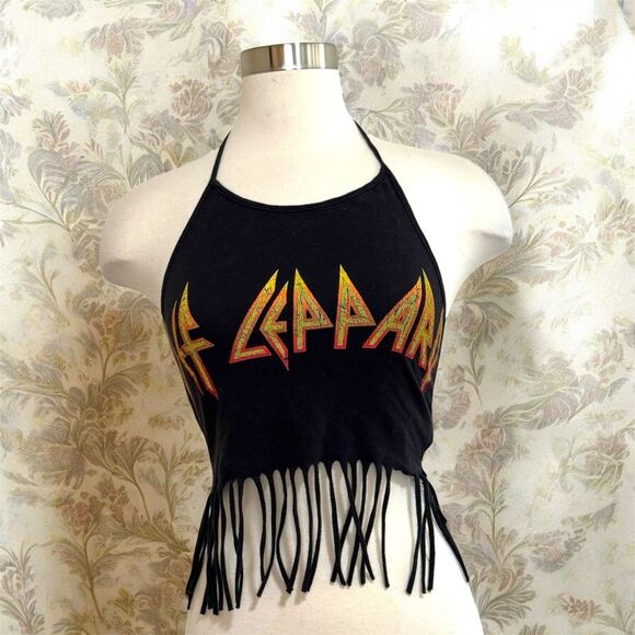 Forever 21 Tops - Forever 21 Def Leppard Black Fringe Halter Top Crop Small S Graphic